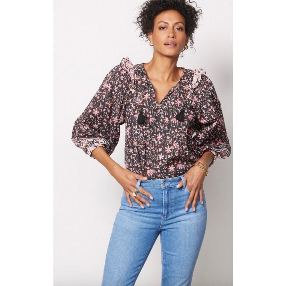 New Cleobella Brynlee Blouse Fan Print Floral Ruffle Poet Peasant NWT Small